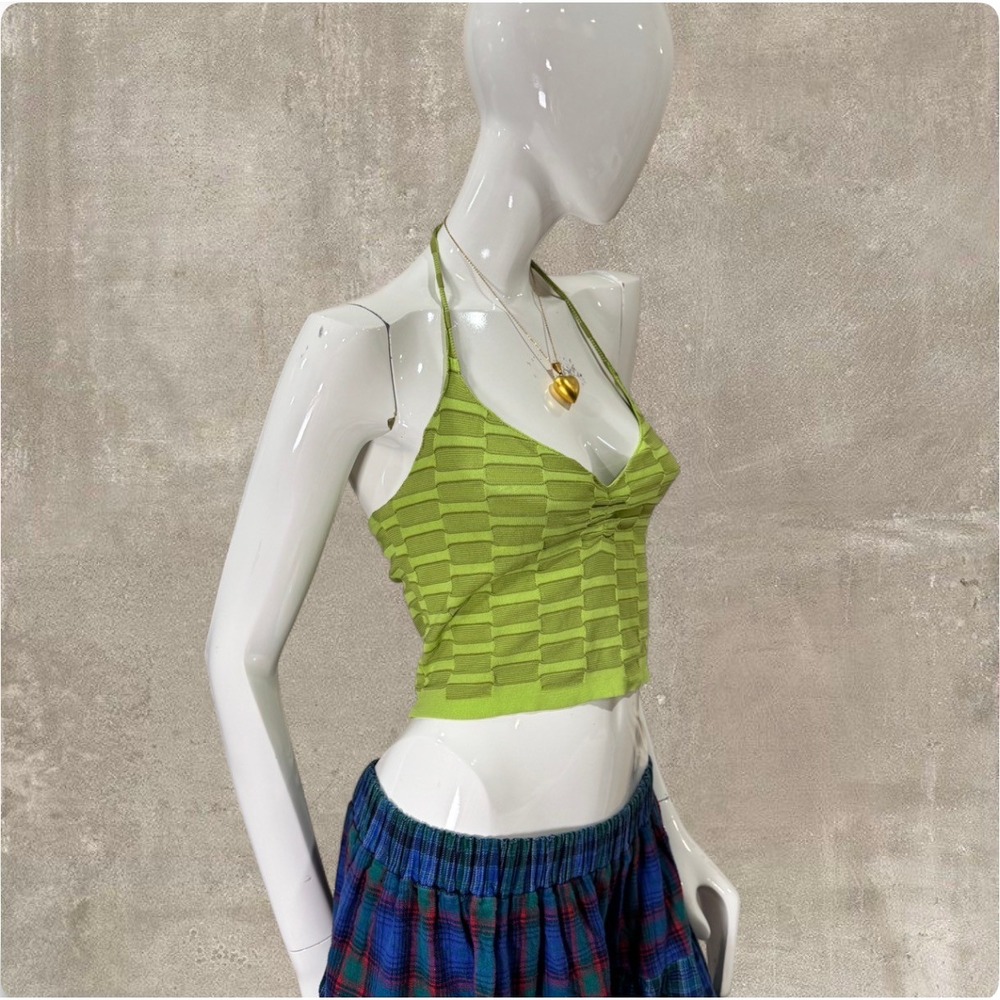 Garage Lime Green Checkered‎ Halter Knit Crop Top – Size Medium Y2K